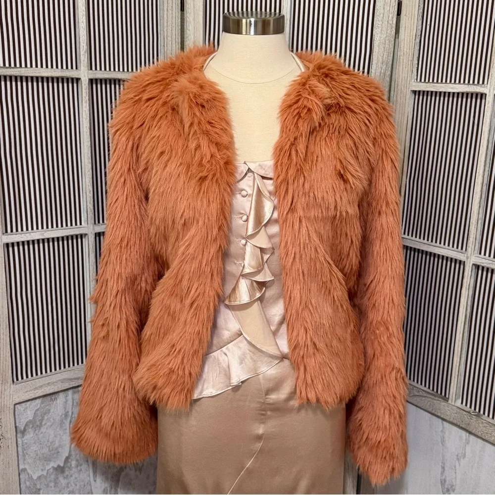 Women’s Cropped Faux Fur Jacket Coat with Side Pockets Plush Fluffy and Soft